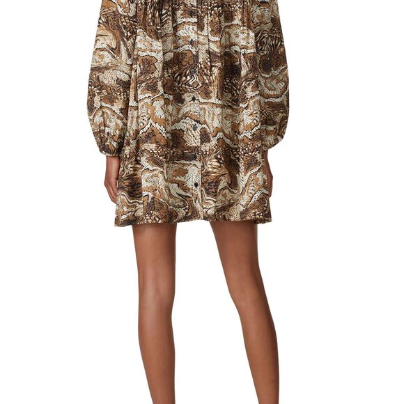 Women's GANNI Tiger's Eye Cotton Smocked Button Back Dress Mini Size 40 Large - Picture 2 of 8